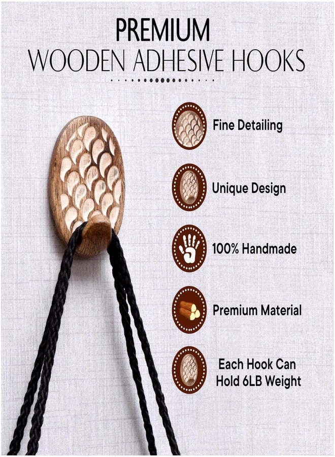 Indian-Shelf IndianShelf 3 Piece Wood Adhesive Decorative Wall Hooks for Hanging Coats, Keys, Towels, Hat, Leash- Brown & White Boho Sticky Wood Towel Hooks for Bathrooms (6 Strips Included) - Image 3
